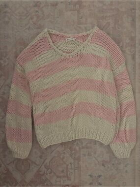 Beginning Boutique Pink & Cream Striped Chunky Knit V Neck Sweater
